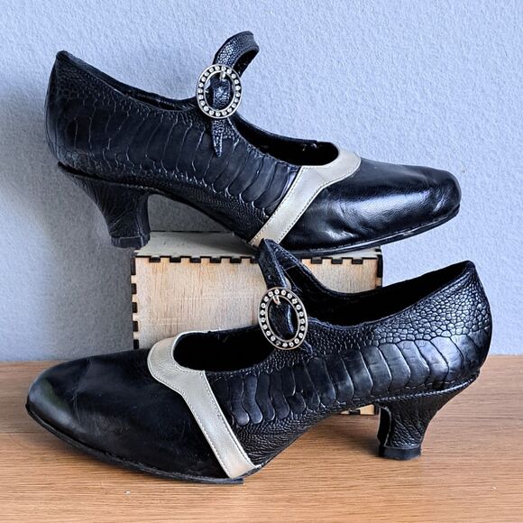 Vintage Handmade Mary Jane Womens 7.5 Black Patent Kitten Heels Rhinestone Retro - Picture 10 of 15